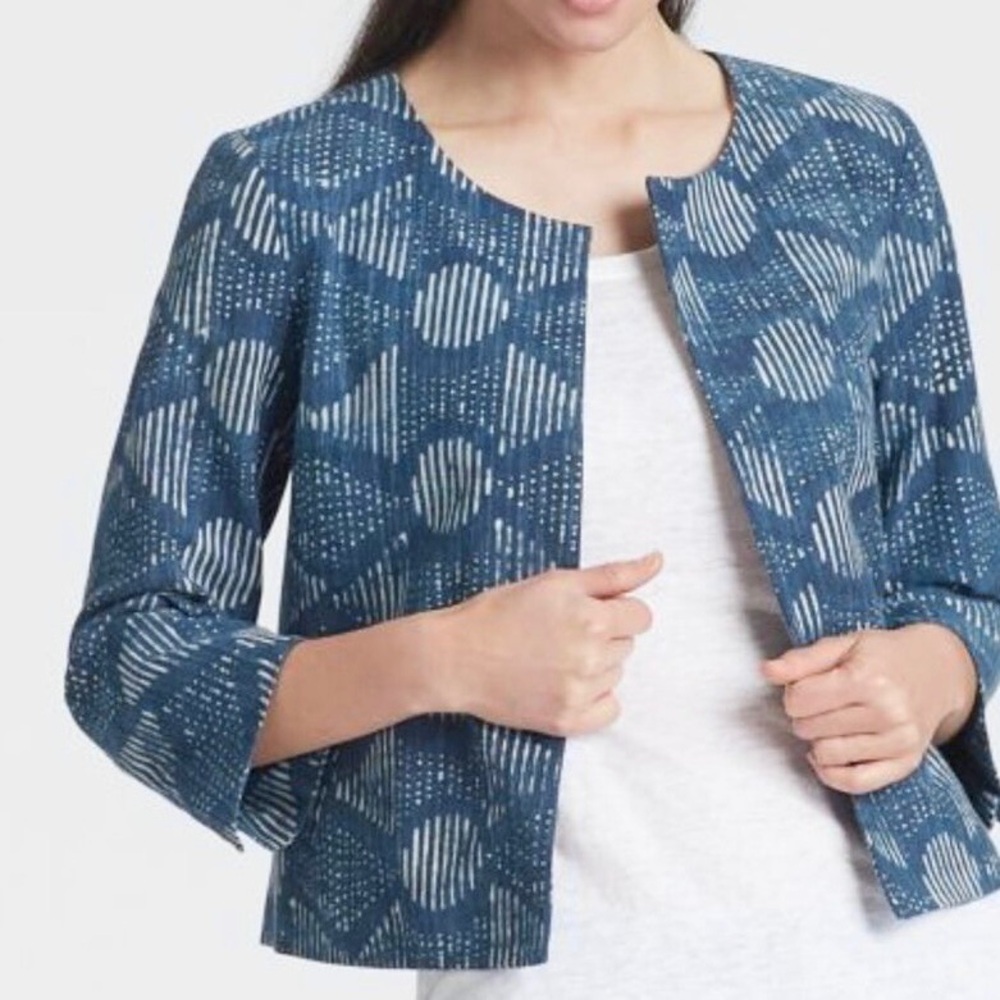 Eileen Fisher Hand Printed Indigo Blazer Jacket in Organic Cotton - Picture 9 of 9